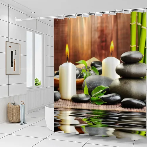 Vista 7 de Cortina de ducha de tela de poliéster, decoración de spa por baño, decoración de jardín zen para baño, diseño mágico japonés, velas de bambú, verde