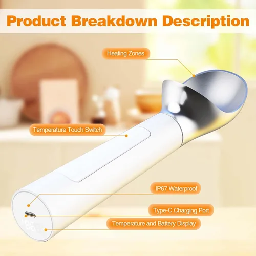 Vista 5 de Cuchara de helado calentada recargable, impermeable, cuchara eléctrica para helado duro, recargable con pantalla LED, calienta a 158 °F para tiendas