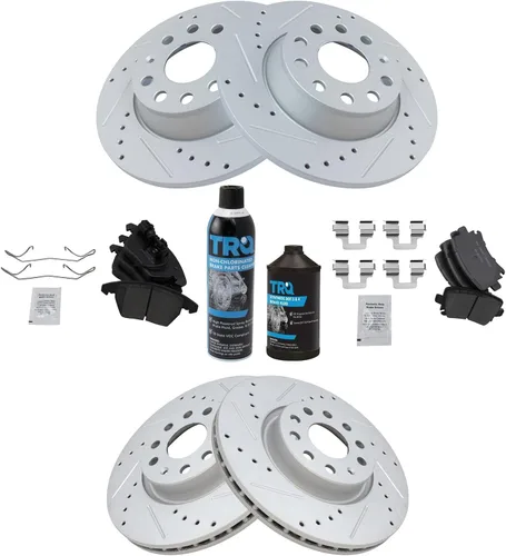 Vista 2 de TRQ Kit de pastillas de freno delanteras y traseras y rotores de cerámica de alto rendimiento con revestimiento en G ranurado X perforado compatible