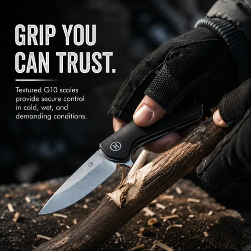 Vista 6 de Holtzman's Gorilla Survival Cuchillo plegable campesino con mango táctico G10, hoja de acero D2, juego de caja de regalo (negro) - Ideal para llevar