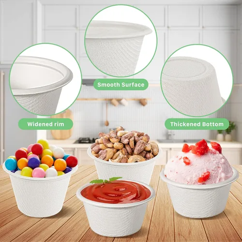 Vista 3 de Paquete de 100 tazas compostables para porciones, tazas de condimento de 2 onzas, tazas de soufflé 100% biodegradables, vasos de papel desechables