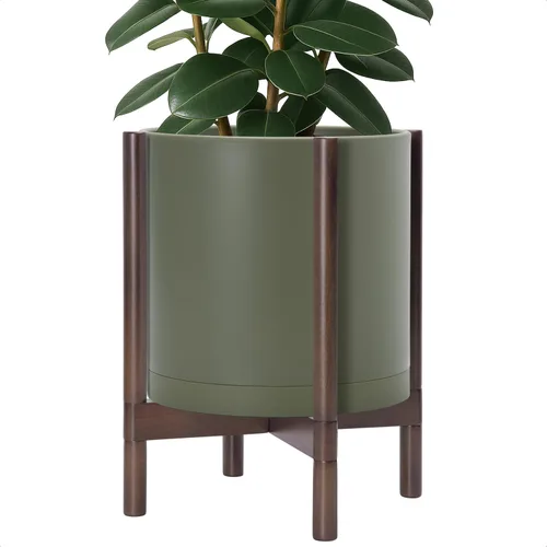 Vista 45 de Maceta de D'vine Dev con soporte - Maceta de flores de cilindro de plástico de 8.0 pulgadas con soporte de madera para interiores, maceta mate negra