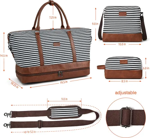 Vista 6 de OPAGE Bolsa de fin de semana para mujer, bolsa de lona con compartimento para zapatos, bolsa de viaje de 3 piezas
