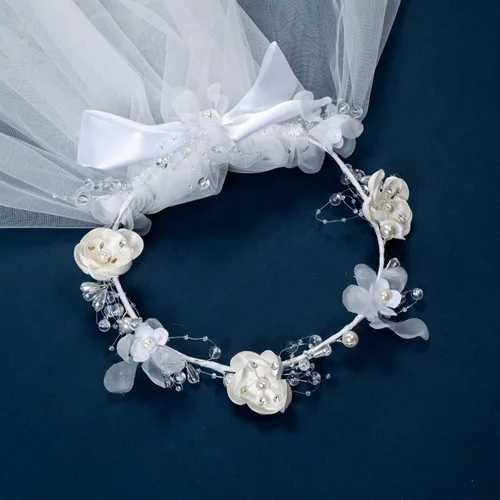 Vista 3 de Fleursun Corona de cabeza de niña con velo de primera comunión con velo blanco floral