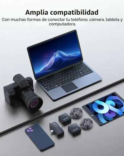 Vista 8 de PQRQP, micrófono 3 en 1 para iPhone/Android/cámara, inalámbrico, transmisión de 328 pies, duración de la batería de 18 horas, mini micrófono