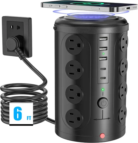 Vista 17 de Regleta de alimentación con protector de sobretensiones de torre (16 salidas de CA + 5 puertos USB incluyendo 2 tipos C), cable de extensión de 5
