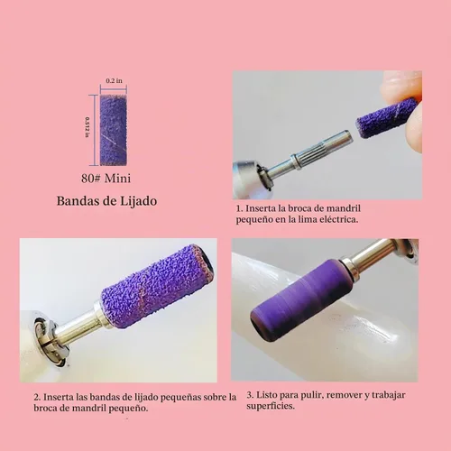 Vista 2 de 100 piezas de bandas pequeñas de lijado de uñas para taladro de uñas, bits mini de 3.1mm de mandril de lijado de uñas de grano 80 para uñas