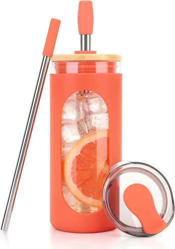 Vista 10 de Sursip - Vaso de vidrio de 20 oz con tapas y popotes, taza de café helado reutilizable de vidrio de borosilicato con tapa de bambú para batido, jugo