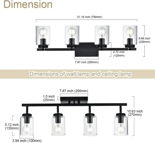 Vista 4 de Lámpara de tocador de 4 luces con pantalla de vidrio transparente, multidireccional, giratoria, de metal, con cabezales de riel ajustables