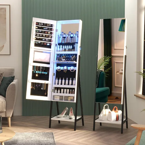 Vista 2 de Ylued Espejo de longitud completa de 47.2 pulgadas de alto con almacenamiento de joyas, espejo iluminado LED, armario de joyería, organizador
