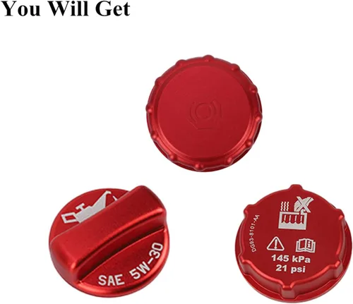 Vista 3 de YOCTM Paquete de 3 tapones rojos para depósito de refrigerante del motor + tapa de llenado de aceite + tapa de depósito de cilindro maestro de freno