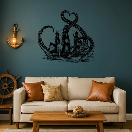 Vista 2 de Calcomanía grande de vinilo para pared, tentáculos de pulpo, barco pirata, decoración de habitación, baño, océano, aventura, temática de niños