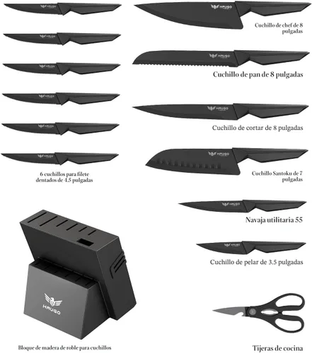 Vista 2 de Juego de cuchillos de cocina con bloque: 15 cuchillos profesionales de acero inoxidable de alto carbono, agarre cómodo que reduce la fatiga