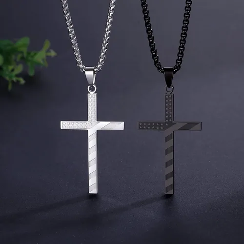 Vista 7 de Collar con cruz de bandera estadounidense para hombre, cadena de cruz con colgante de jarrón bíblico de joyería patriótica de acero inoxidable