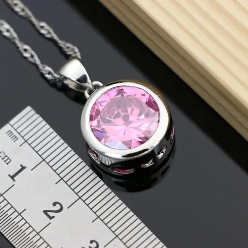 Vista 2 de Juego de joyas elegantes de plata de ley 925 para mujer, aretes de piedra cúbica rosa grande, accesorios de moda, kit de collar