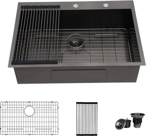 Vista 13 de Fregadero de cocina de 25 pulgadas, fregadero de un solo cuenco, color negro mate, calibre 18, 25 x 22 pulgadas, acero inoxidable, montaje superior