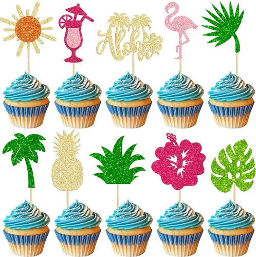 Vista 9 de Gyufise 1 pieza de decoración para pastel de cumpleaños Moana con purpurina de hoja de palma, flor de moana para pastel tropical hawaiano Luau, baby