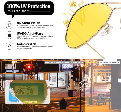 Vista 6 de MEETSUN Aviator Night Vision Driving Glasses Anti Glare Polarized Nighttime Glasses HD Yellow Lens