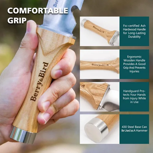 Vista 5 de Berry&Bird Hori Hori - Cuchillo de jardín multiusos con hoja afilada de doble filo de acero inoxidable de 7 pulgadas, cuchillo de tierra con funda