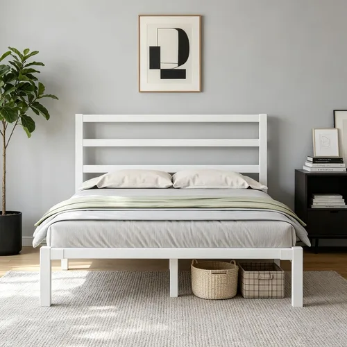 Vista 11 de LOEWAY - Marco de cama de metal resistente de 12 pulgadas con cabecero, listones de acero fuertes, almacenamiento debajo de la cama, no necesita