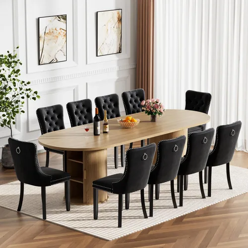 Vista 26 de Mesa de comedor redonda extensible de 94 pulgadas con base de almacenamiento, mesa de comedor expandible natural para 10, mesa de comedor de madera