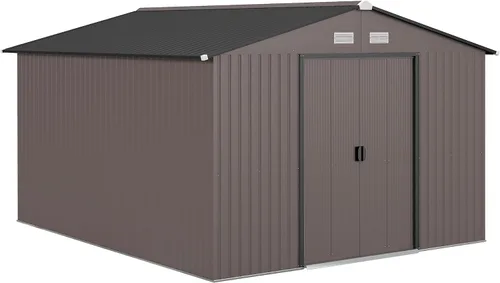 Vista 10 de Outsunny Cobertizo de almacenamiento exterior de 11' x 13', cobertizo de metal para herramientas de jardín con kit de cimentación, puerta con doble