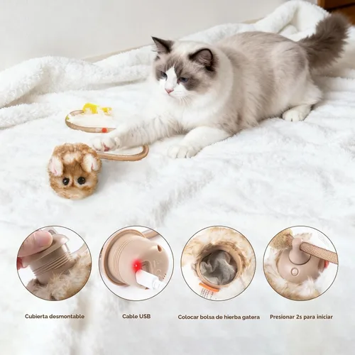Vista 7 de Migipaws MigiMouse - Juguete interactivo para gatos de 360° con cola de plástico de malla para gatos de interior, sensor de movimiento inteligente