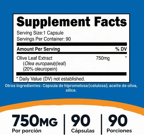 Vista 2 de Nutricost Extracto de hoja de olivo (20% oleuropeína) 750 mg, 90 cápsulas, sin OMG