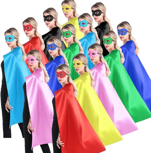Vista 2 de Capas y máscaras de superhéroe para adultos, adolescentes, hombres y mujeres, paquete de 14 juegos a granel, capas de fiesta de superhéroes