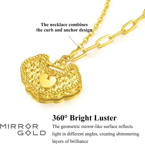 Vista 4 de CHOW SANG SANG Espejo deslumbrante dorado 999.9 de 24 quilates, oro macizo precio por peso, cerradura Ruyi con pequeño collar de corazón para mujer