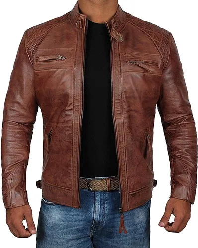 Vista 8 de Decrum Chaqueta de piel de cordero real Cafe Racer para hombre, estilo de Austin Negro