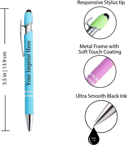 Vista 2 de ExpressDesigns™ - Bolígrafos personalizados pastel premium con lápiz óptico Bolígrafos personalizados de metal suave al tacto con tinta negra