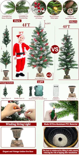 Vista 2 de Paquete de 2 árboles de entrada de Navidad nevados para exteriores de 4 pies en base de maceta con temporizador remoto, 80 luces blancas cálidas