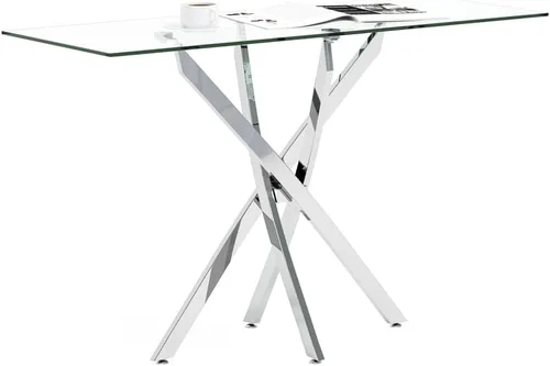 Vista 4 de Mesa consola de vidrio templado con patas cromadas, moderna mesa de sofá estrecha para entrada de pasillo (plateado, 39 x 18 x 30 pulgadas)