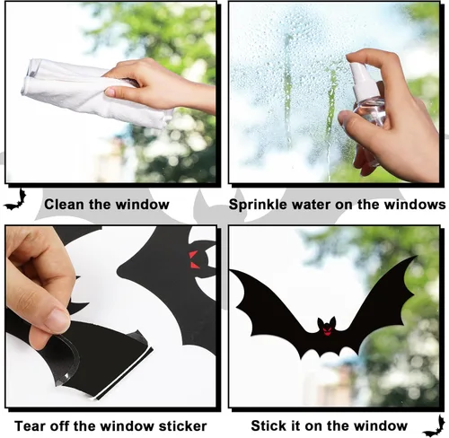 Vista 3 de ZOIIWA Adhesivos de Murciélagos de Halloween para Ventana Decoración, PVC Negro, 9 Hojas, 33x25cm, Reutilizable, Interior, Estilo de Terror