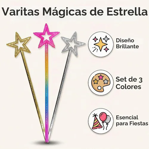 Vista 2 de Varitas de estrella de 3 piezas de varita de princesa de hadas para niñas, disfraz de fiesta de cumpleaños
