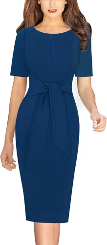 Vista 2 de VFSHOW Vestido de tubo ajustado con cremallera frontal y lazo en la cintura para mujer, para el trabajo, negocios, oficina, bodycon