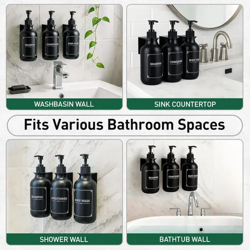 Vista 8 de Set de dispensador de champú y acondicionador de 3 cámaras, botellas Negro