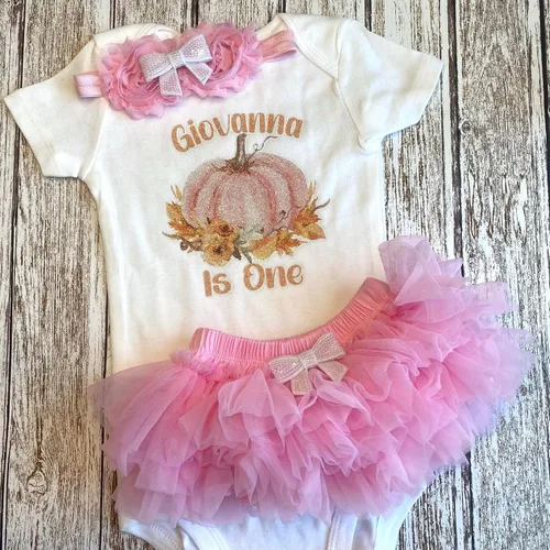 Vista 2 de First Birthday Pumpkin Baby Girl Personalized Name Bodysuit This Pumpkin is One Optional Accessories