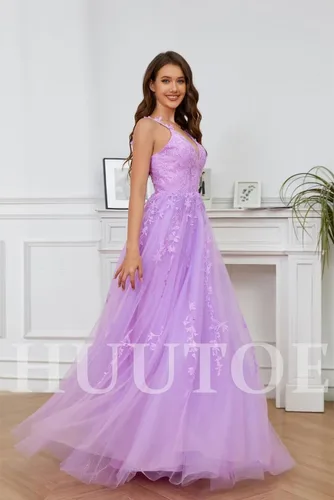 Vista 5 de Vestidos de graduación de tul con purpurina, cuello en V, apliques de encaje, vestidos largos de baile para mujer, vestidos formales de tirantes