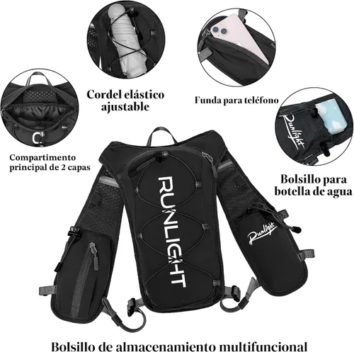 Vista 5 de Runlight Chaleco para correr para mujeres y hombres, mochila ligera de hidratación con bolsa de vejiga de agua de 1.5L, mochila diurna hidro