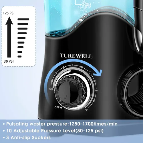 Vista 5 de TUREWELL FC162 Irrigador dental de agua para dientes/frenos, 10 niveles de presión, 8 puntas de chorro de agua para la familia, irrigador dental