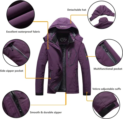 Vista 5 de SUOKENI - Chaqueta de esquí impermeable, para mujer, cálida, de invierno, resistente a la nieve, con capucha, ideal para snowboard