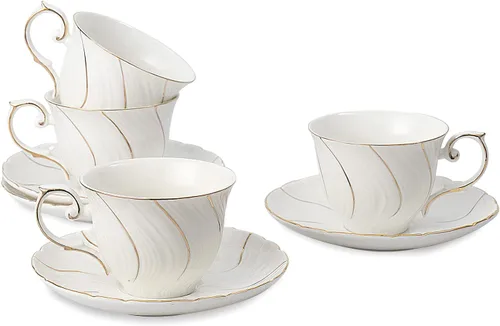 Vista 9 de Agyiuns tazas y platillos de cerámica para café, 6oz, taza de café para café, latte, café moca y té - Juego de 4 (Flores grandes - Juego de 4)
