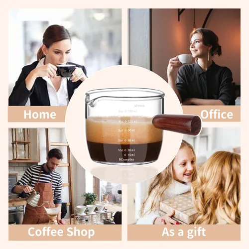 Vista 3 de BCnmviku Vaso de chupito de café expreso, 5.1 fl oz, 5 onzas, triple jarra barista con mango de madera (1)