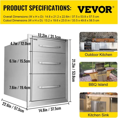 Vista 2 de VEVOR Cajones de cocina al aire libre 15 "W x 21" H x 22.5" D Acero