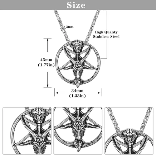 Vista 4 de BTNBTGB Collar del templo satánico con cabeza de cabra, pentagrama invertido, pentáculo de acero inoxidable, collar de baphomet con dije, cadena