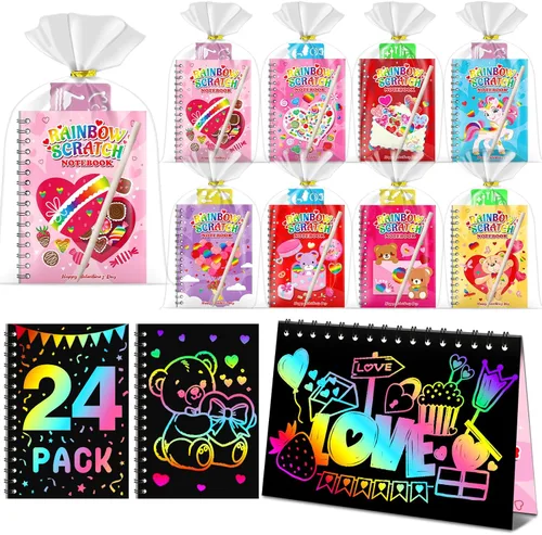 Vista 18 de Recuerdos de fiesta para niños: paquete de 4 cuadernos de arte de rascar arcoíris para estudiantes, regalos a granel para aula para niñas y niños