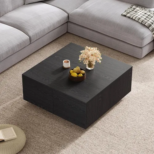 Vista 6 de SSLine Mesa de centro cuadrada con 4 cajones de almacenamiento, mesa de centro de madera negra de 33.2 pulgadas para sala de estar, mesas centrales