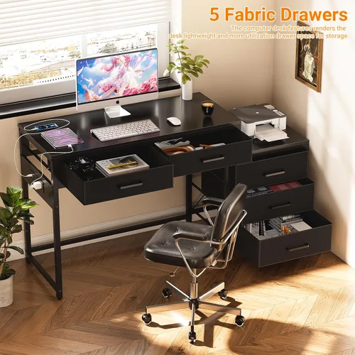 Vista 8 de Unikito Escritorio de computadora reversible con 5 cajones, escritorio de oficina resistente con tomas de corriente y puertos USB, mesa de escritura